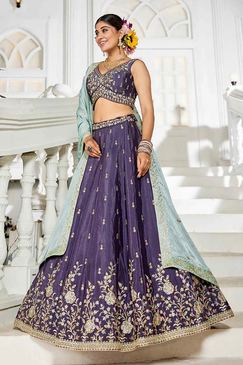 Violet Embroidered Lehenga with Sky Blue Dupatta – Festive & Wedding Wear RTI