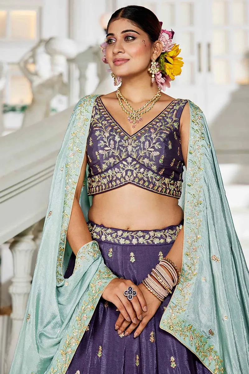 Violet Embroidered Lehenga with Sky Blue Dupatta – Festive & Wedding Wear RTI