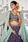 Violet Embroidered Lehenga with Sky Blue Dupatta – Festive & Wedding Wear RTI