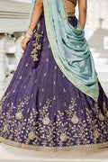 Violet Embroidered Lehenga with Sky Blue Dupatta – Festive & Wedding Wear RTI