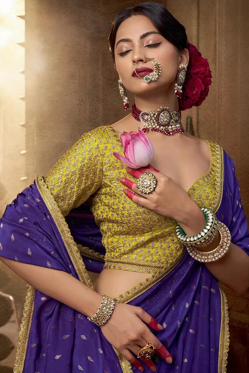 Violet Handwoven Banarasi Saree with Lemon Embroidered Blouse VA