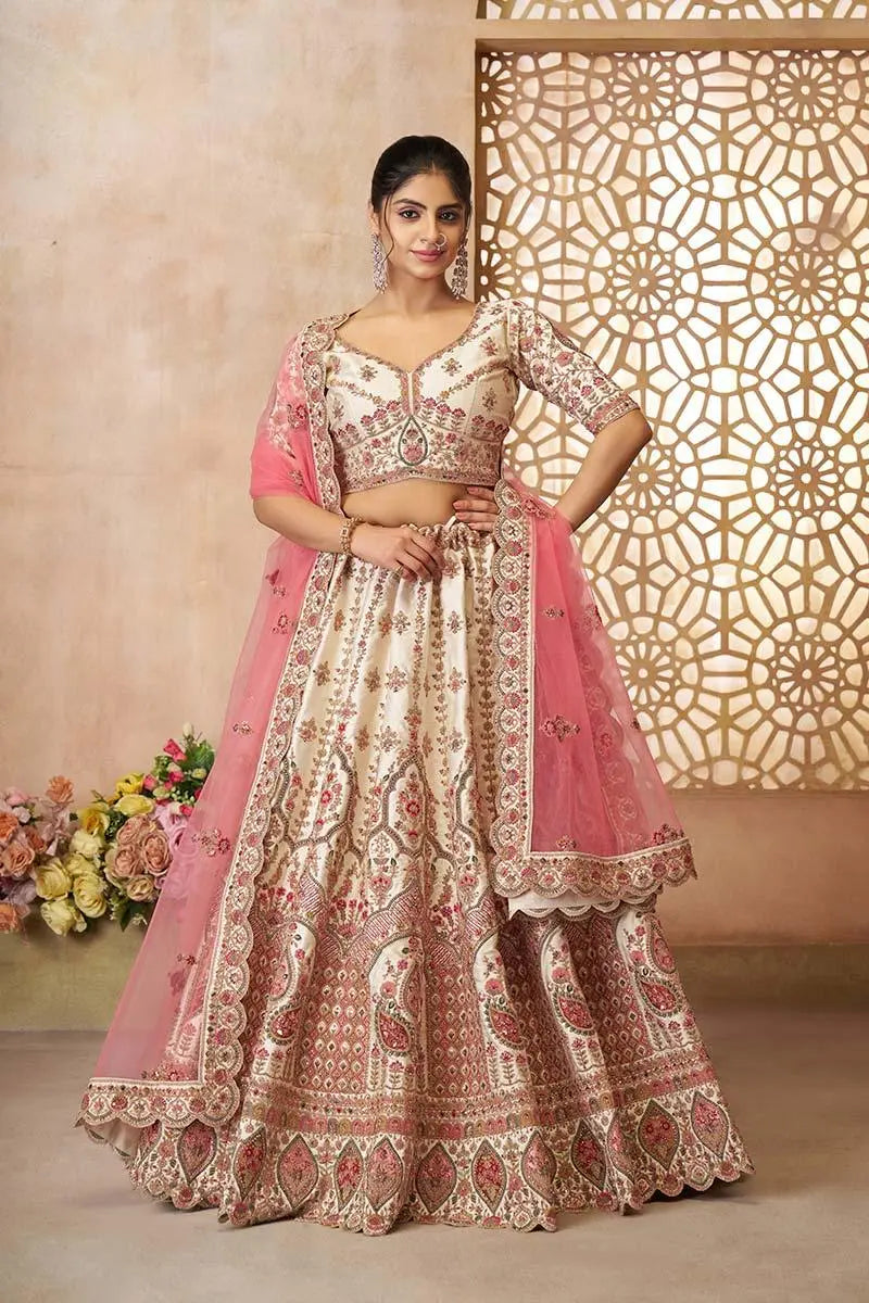 Whimiscal white Imperial Patterned Embroidered Bridal Lehenga KSR