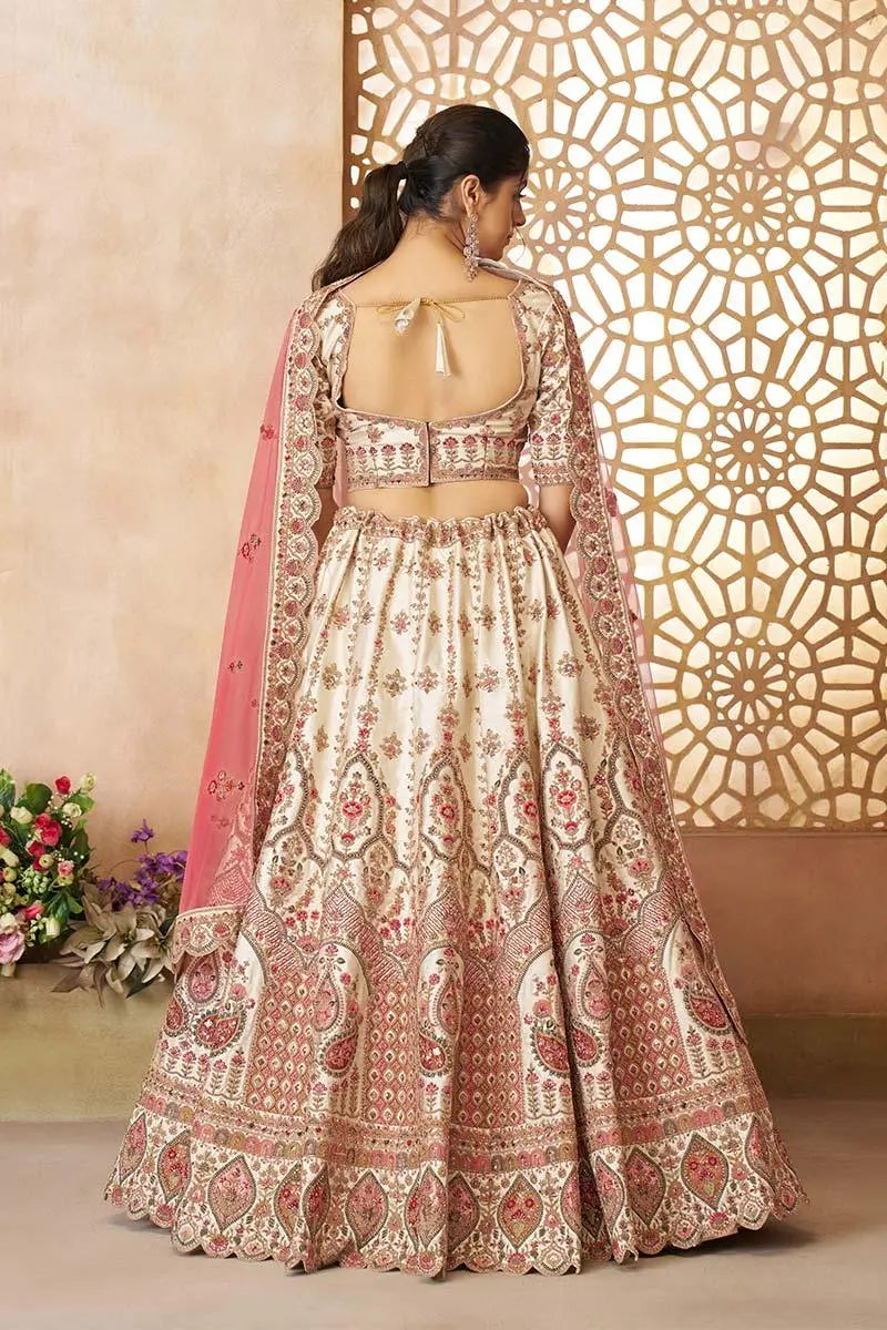 Whimiscal white Imperial Patterned Embroidered Bridal Lehenga KSR