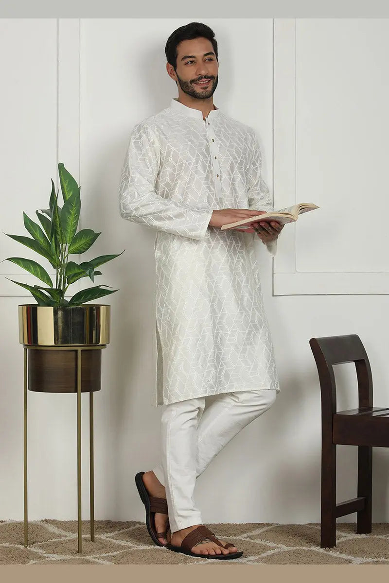 White Jacquard Kurta for Men – Festive & Formal Wear KSF