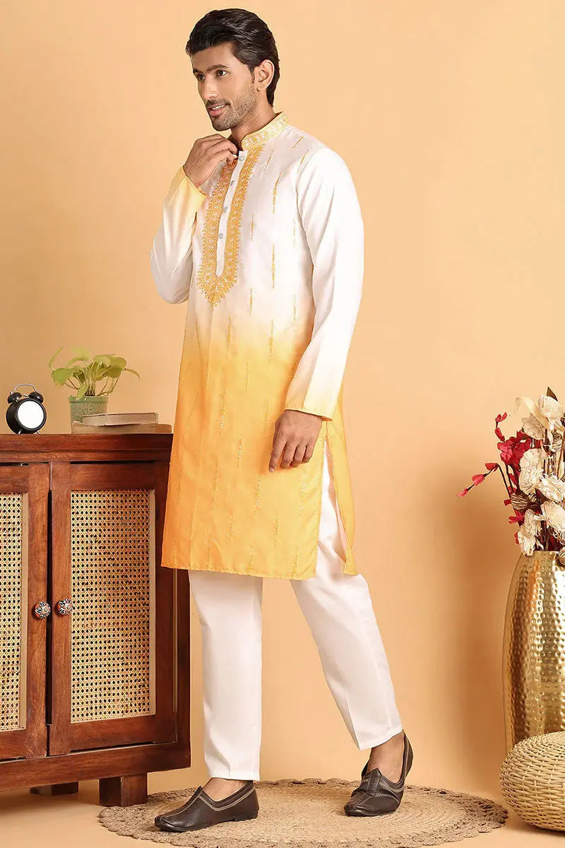 White Yellow Embroidered Designer Kurta Pajama Set - Traditional Wear VA