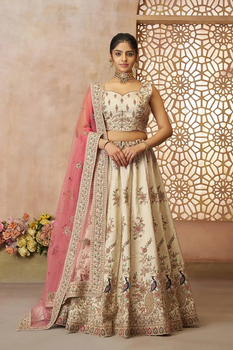 White Zari Silk Lehenga Choli with Pink Net Dupatta | Sequins & Thread Embroidery | Semi-Stitched KSR