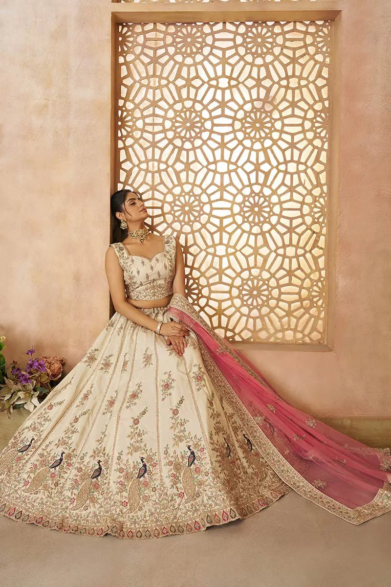 White Zari Silk Lehenga Choli with Pink Net Dupatta | Sequins & Thread Embroidery | Semi-Stitched KSR