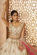 White Zari Silk Lehenga Choli with Pink Net Dupatta | Sequins & Thread Embroidery | Semi-Stitched KSR