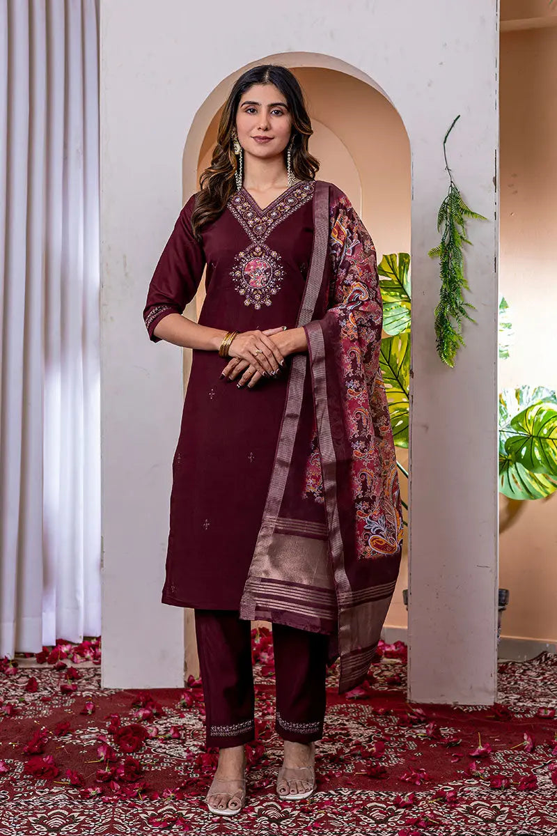Wine Emerald Elegance Embroidered Suit with Floral Dupatta PR