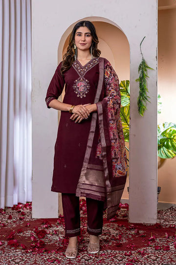 Wine Emerald Elegance Embroidered Suit with Floral Dupatta PR
