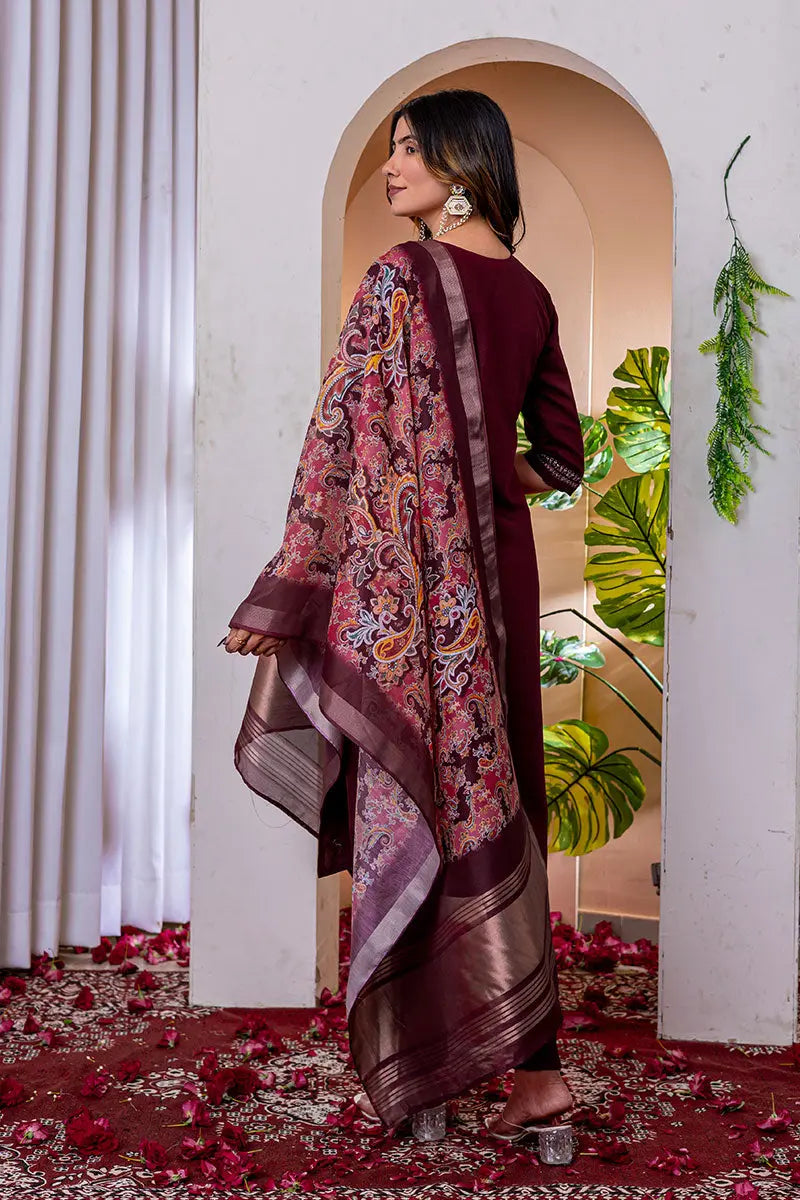 Wine Emerald Elegance Embroidered Suit with Floral Dupatta PR