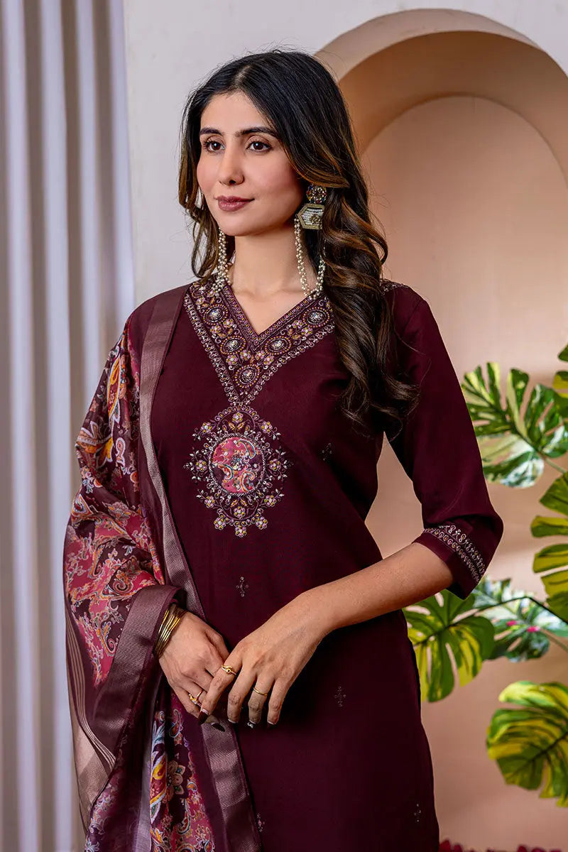 Wine Emerald Elegance Embroidered Suit with Floral Dupatta PR