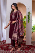 Wine Emerald Elegance Embroidered Suit with Floral Dupatta PR