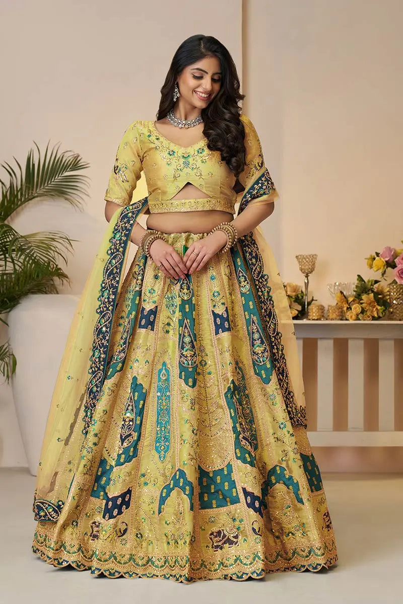 Yellow Banarasi Silk Lehenga Choli with Net Dupatta – Hand Embroidery, Sequins & Thread Work KSR