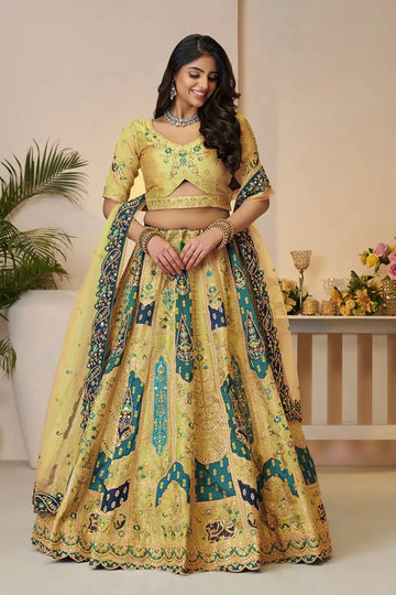 Yellow Banarasi Silk Lehenga Choli with Net Dupatta – Hand Embroidery, Sequins & Thread Work KSR