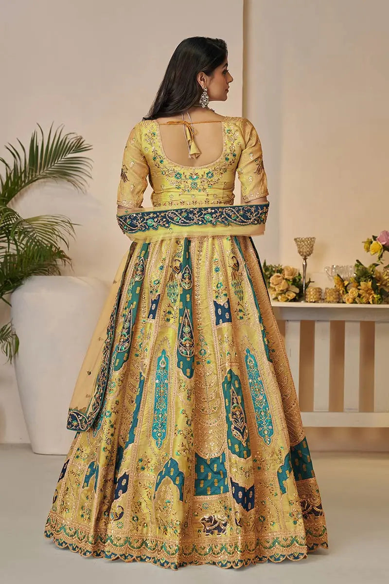Yellow Banarasi Silk Lehenga Choli with Net Dupatta – Hand Embroidery, Sequins & Thread Work KSR
