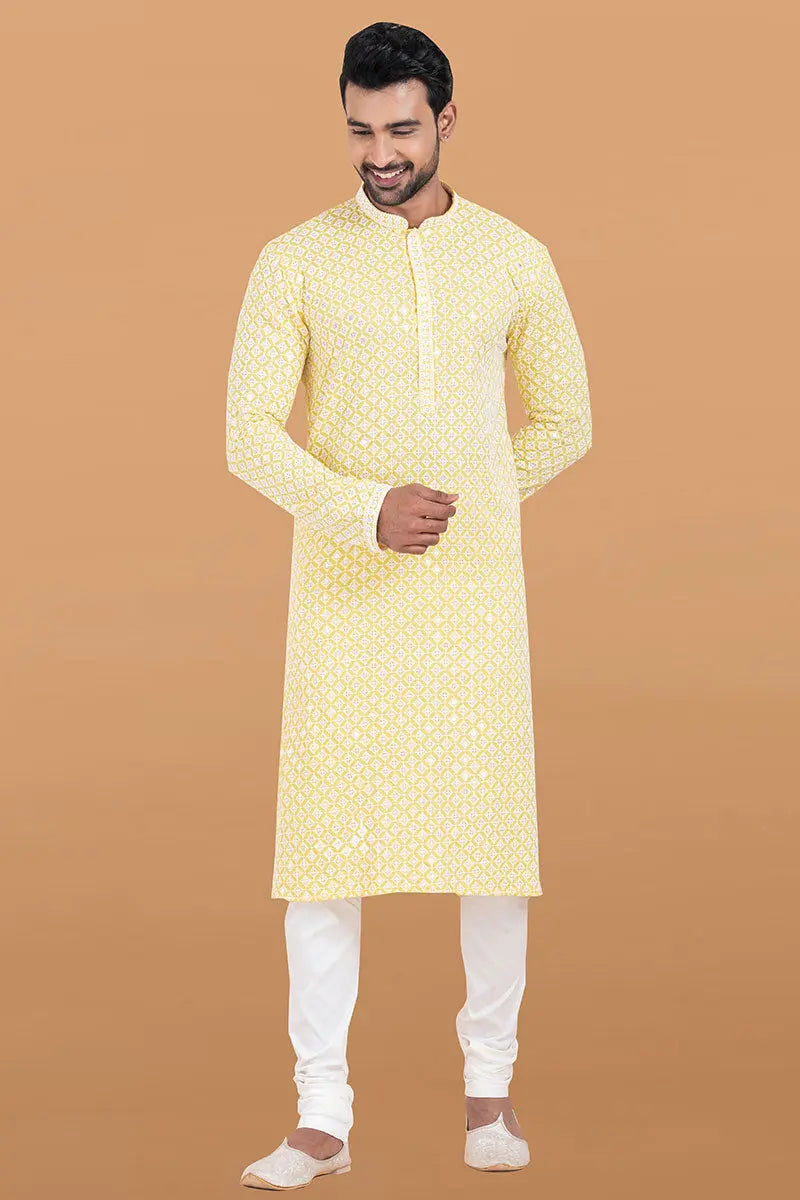 Yellow & White Rayon Printed Kurta Pajama Set - Traditional Wear RTI
