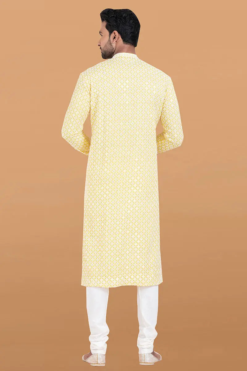 Yellow & White Rayon Printed Kurta Pajama Set - Traditional Wear RTI