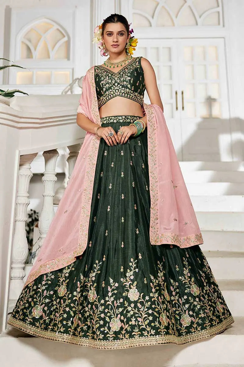 elegant lehenga Olive Embroidered  with Pink Dupatta – Festive & Wedding Wear RTI