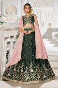 elegant lehenga Olive Embroidered  with Pink Dupatta – Festive & Wedding Wear RTI