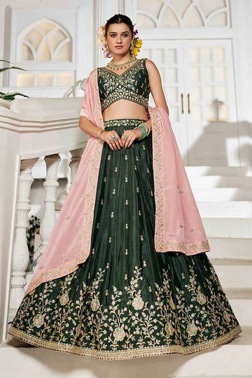elegant lehenga Olive Embroidered  with Pink Dupatta – Festive & Wedding Wear RTI