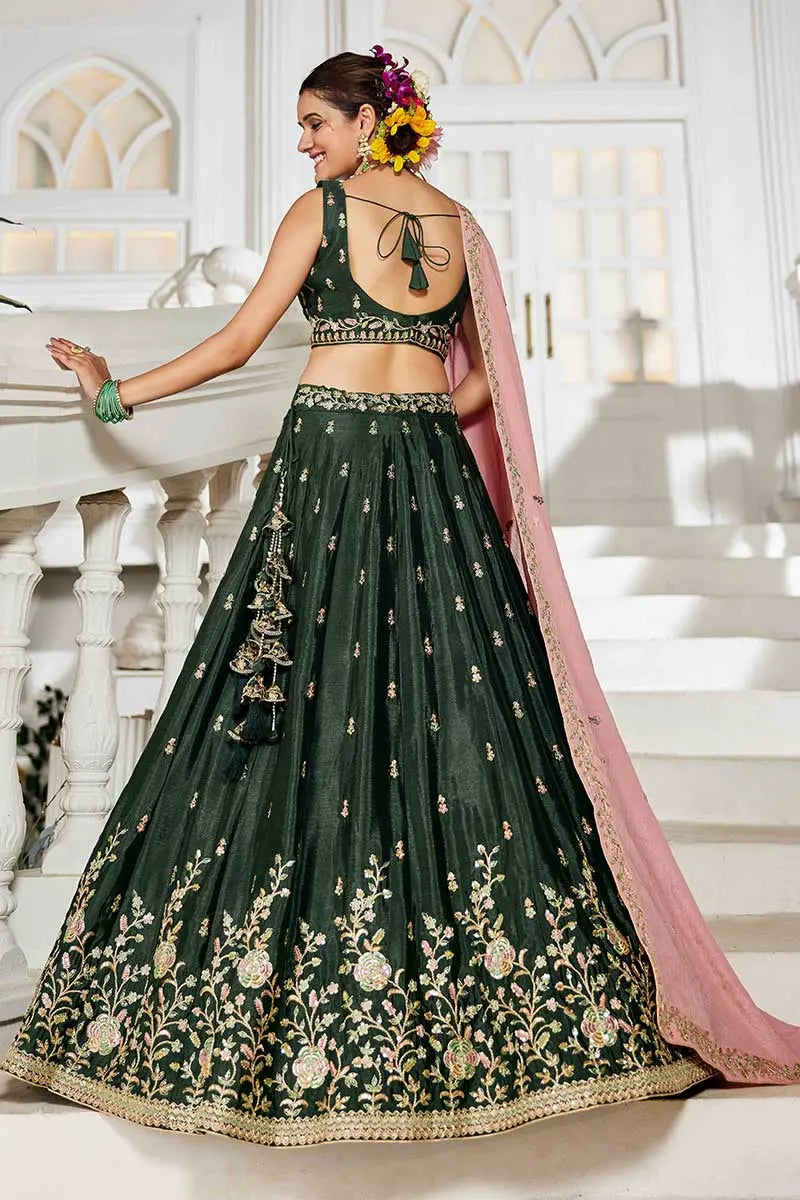 elegant lehenga Olive Embroidered  with Pink Dupatta – Festive & Wedding Wear RTI