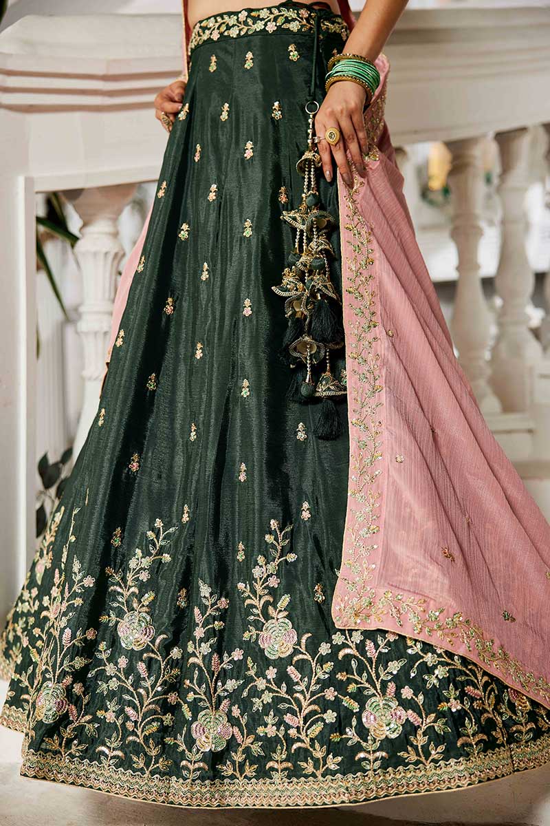 elegant lehenga Olive Embroidered  with Pink Dupatta – Festive & Wedding Wear RTI